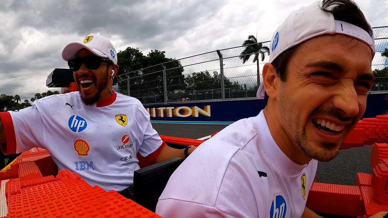 WATCH: Ride onboard the LEGO Ferrari as Leclerc and Hamilton giggle their way around the Miami track